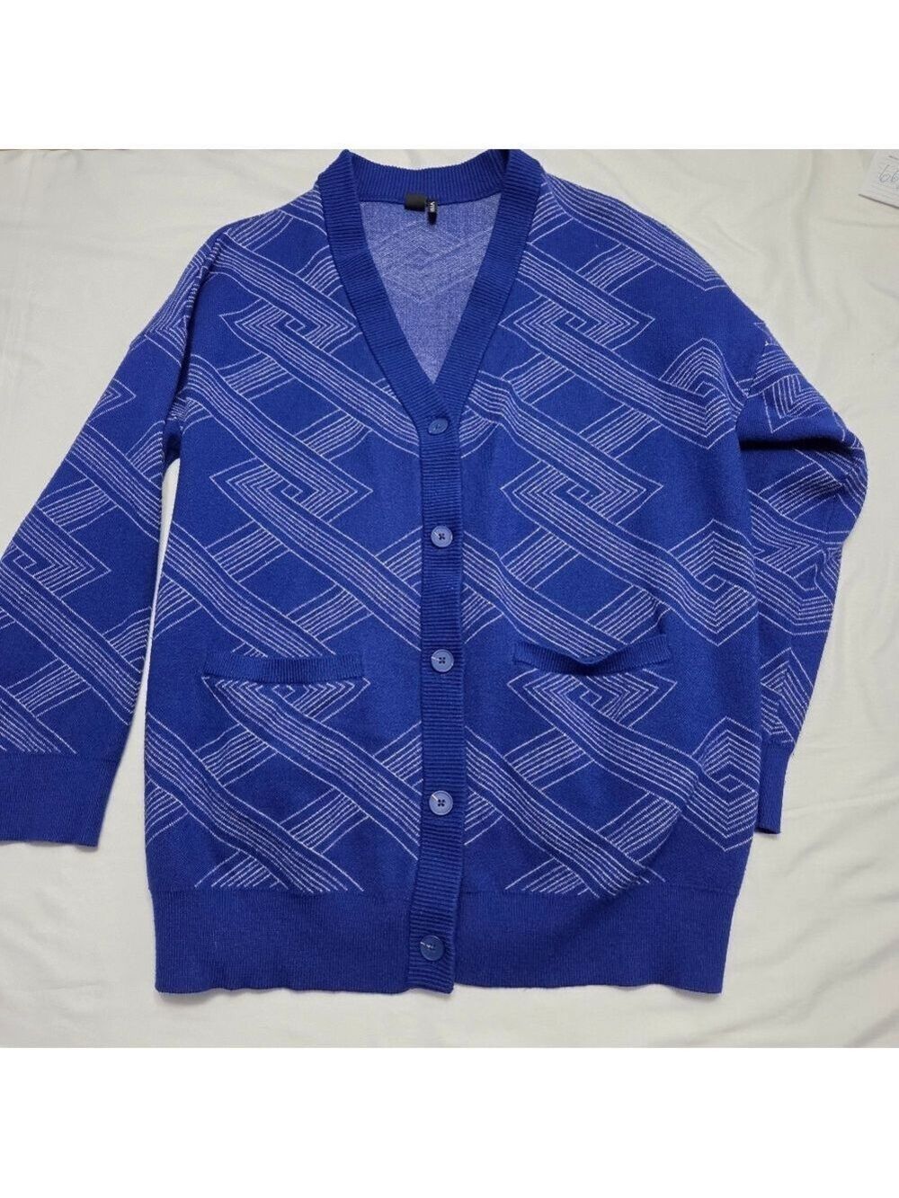 Icône Simons Vision Geometric Knit Cardigan Blue White Button Front Size Large